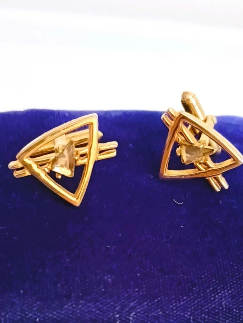Vintage Swank Gold Triangle Cufflinks Open Work with Clear Stone